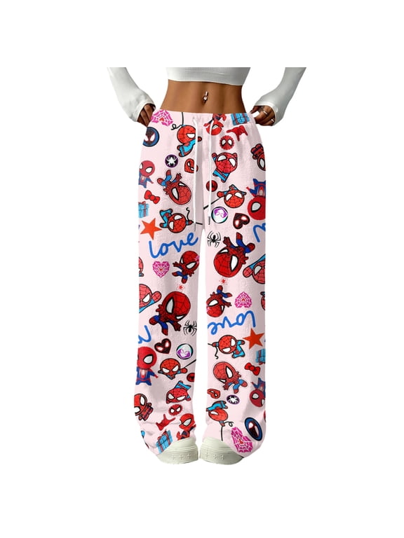 Spider Superhero Pyjamas Cartoon Fleece Sleepwear Printed Elastic Waistband Wide Leg Straight Pants for Women Warmth