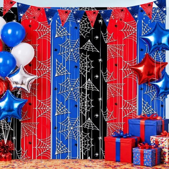 Spider Theme Birthday Party Decorations, Spider Web Pattern Foil Fringe Curtain, Metallic Tinsel Backdrop Curtain with Pennant Banner for Superhero Party Wall Decor