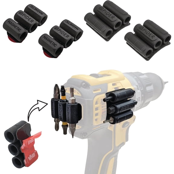 Spider Tool Holster - BitGripper Variety Bundle - 2 BitGripper v2 + 2 Magnetic BitGripper - High Strength 3M Adhesive Drill Add-On with Three Built-in Magnets for Easy Access to Six Driver Bits