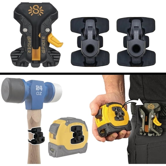 Spider Tool Holster - Pro Tape Measure + Hammer Holster Kit - Upgraded, Self Locking, Quick Draw Universal Tool Holder with Ambidextrous Thumb Lock - Compatible with All Major Brands