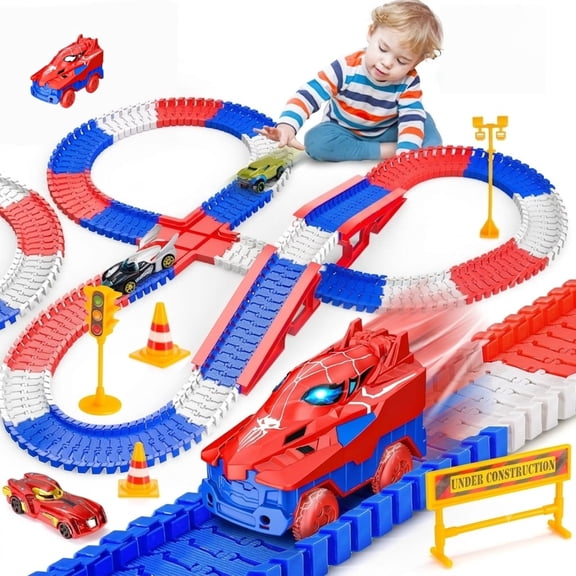 Spider Hero Race Track Toy for Boys, 212PCS Flexible Car Track Set with 2 Cars, STEM DIY Playset Gift for Kids Ages 3-8
