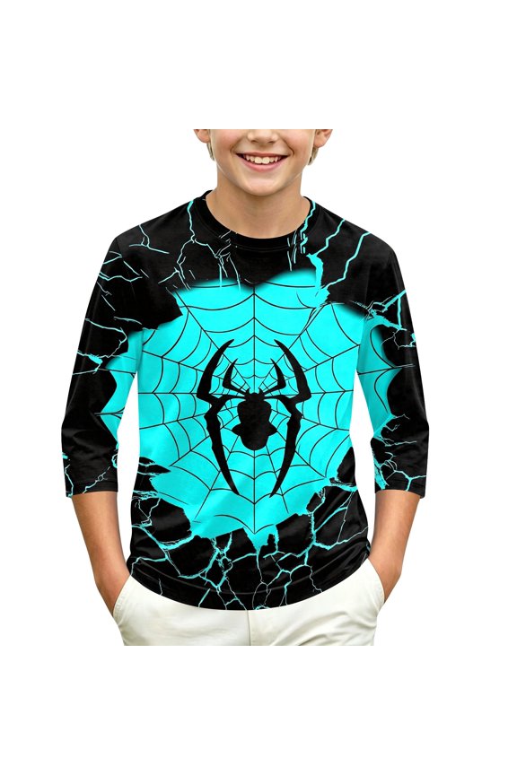 Spider Tshirt, Spider Clothes, Spider Costume, Spider Outfit, Spider Shirt, Red Cracked Spider Web T Shirt 3/4 Sleeve Superhero Graphic Tee Cosplay Costume Top for Halloween Party, Cyan 160
