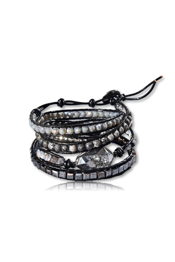 Spider Vain Jasper Beaded Druzy Pendant on Genuine Leather Boho Style Leather Wrap Bracelet Super Wrap Bracelet 35" Long, up to 5 Wraps-Amazonite & Crystals on Natural Leather