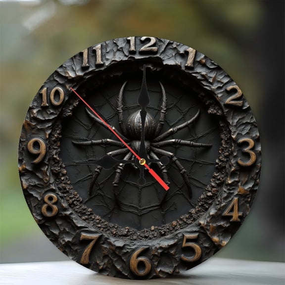 Spider Wall Clock 10-Inch Silent Wooden Wall Clock, Battery Operated (AA Batteries Not Included), Artistic Home Decor