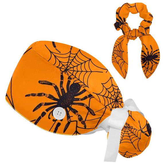 Spider Web 2 Scrub Cap with Bow Hair Matching Scrunchy Women Working Cap Adjustable Sweatband Bouffant Hat