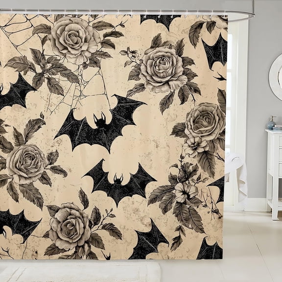 Spider Web Bat with Retro Rose Leaves Waterproof Shower Curtain, Gothic Halloween Design, Yellow