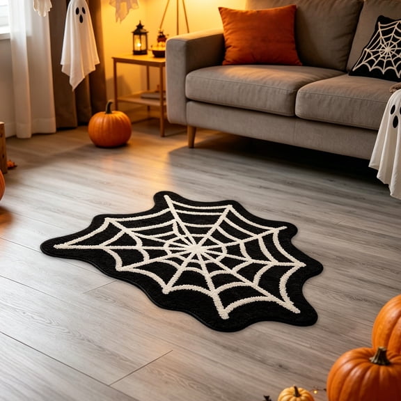 Spider- Web Bath Mat, Halloween Bath Mat Non-Slip Rugs Spiderweb Rug Machine Washable Goth Area Rugs Gothic Rug for Front Door, Bedroom, Living Home