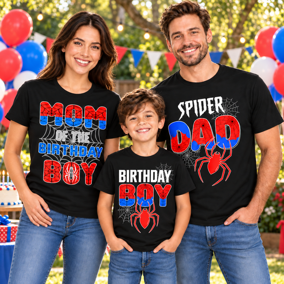 Spider Web Birthday Party Mom of The Birthday Boy T-Shirt PINUO