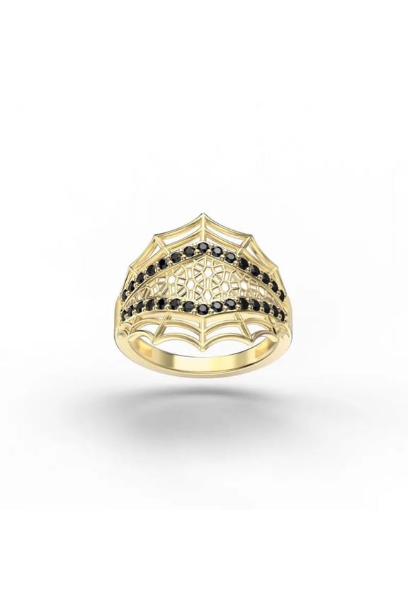 Spider Web Black Diamond Ring – Minimalist Engagement Ring in 14K Yellow Gold Vermeil | Unique Halloween Jewelry