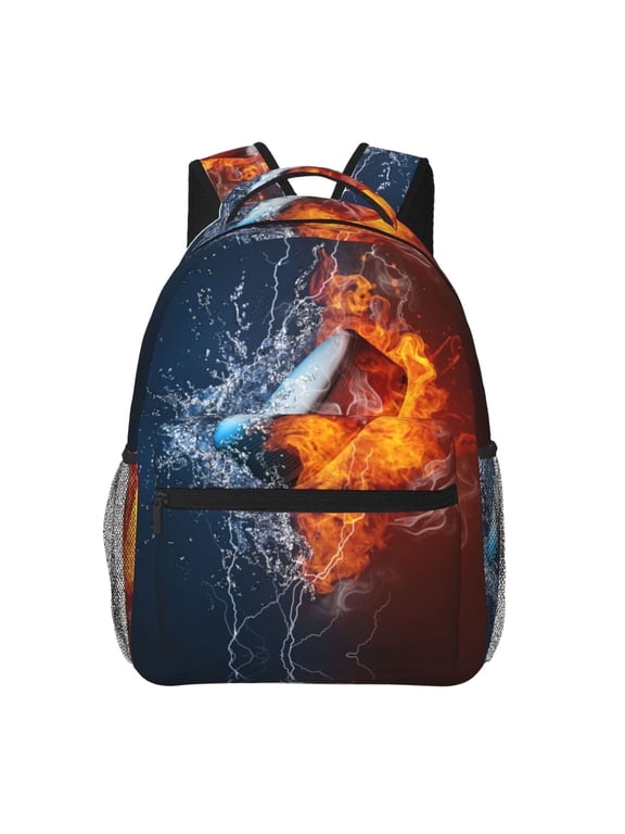 Fire Water Ice Hockey Kids School Backpack for Boys Girls,Travel Laptop Backpacks Book Bag Hiking Camping Daypack Age 5-10