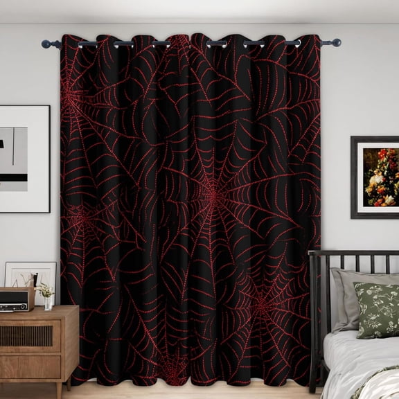Spider Web Curtains, Red And Black Halloween Pattern, Spider Web Decor For Living Room Bedroom, Thermal & Darkening Grommet Drapes 52"W x 63"L