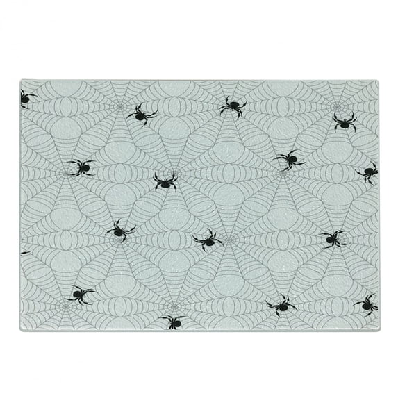 Spider Web Cutting Board, Pale Colored Webs with Spiders Scary Black Insects Sticky Network, Decorative Tempered Glass Cutting and Serving Board, in 3 Sizes, by Ambesonne
