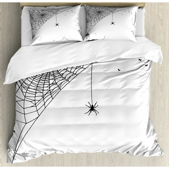 Spider Web Duvet Cover Set King Size, Cobweb with a Hanging Insect Hand Drawn Style Gothic Design with Flies, Decorative 3 Piece Bedding Set with 2 Pillow Shams, Charcoal Grey White, by Ambesonne