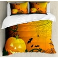 thumbnail image 1 of Spider Web Duvet Cover Set King Size, Halloween Themed Composition with Pumpkin Leaves Trees Web and Bats, Decorative 3 Piece Bedding Set with 2 Pillow Shams, Orange Dark Green Black, by Ambesonne, 1 of 3