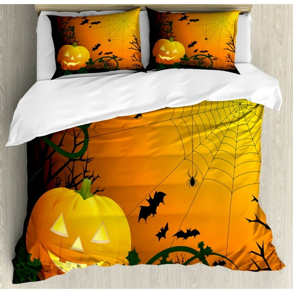 Spider Web Duvet Cover Set King Size, Halloween Themed Composition with Pumpkin Leaves Trees Web and Bats, Decorative 3 Piece Bedding Set with 2 Pillow Shams, Orange Dark Green Black, by Ambesonne