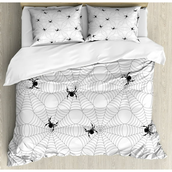 Spider Web Duvet Cover Set King Size, Pale Colored Webs with Spiders Scary Black Insects Sticky Network, Decorative 3 Piece Bedding Set with 2 Pillow Shams, Black Pale Grey White, by Ambesonne