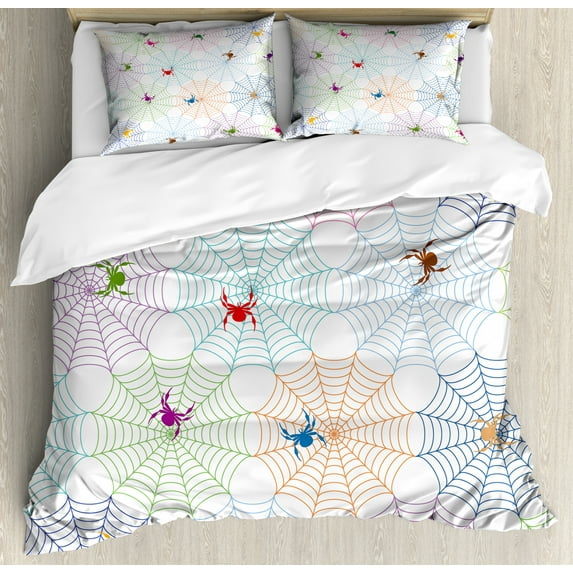 Spider Web Duvet Cover Set Queen Size, Colorful Networks and Characters Tile Design Graphic Art Cute Abstract Insects, Decorative 3 Piece Bedding Set with 2 Pillow Shams, Multicolor, by Ambesonne