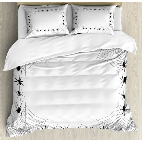 Spider Web Duvet Cover Set Queen Size, Creepy Framework with Arachnid Venom Poison Trap Cartoon Style Monochrome Print, Decorative 3 Piece Bedding Set with 2 Pillow Shams, Black White, by Ambesonne