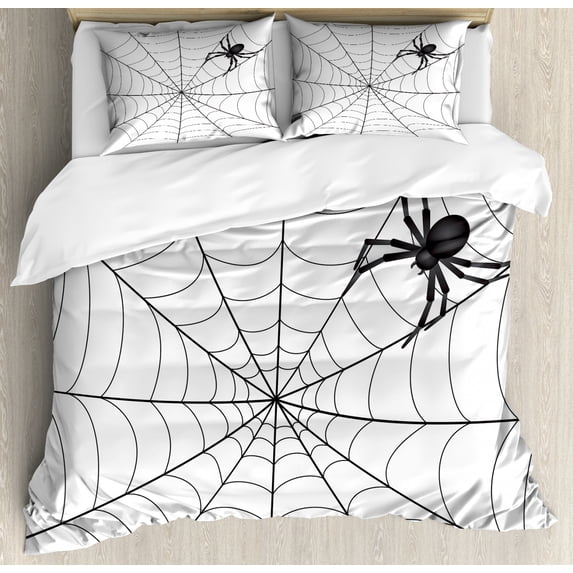 Spider Web Duvet Cover Set Queen Size, Gothic Fairytale Elements Creepy Scary Dangerous Spider Sticky Catch, Decorative 3 Piece Bedding Set with 2 Pillow Shams, Charcoal Grey White, by Ambesonne
