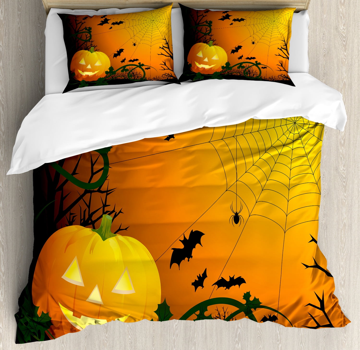 Halloween Pumpkin and Spider Web Queen Duvet Cover Set