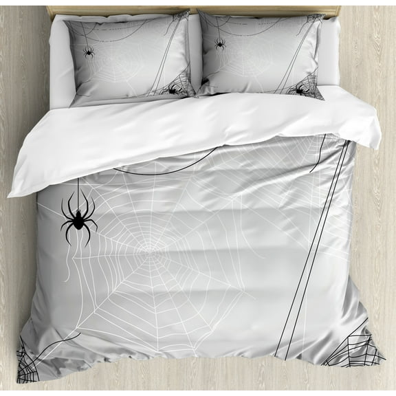 Spider Web Duvet Cover Set Queen Size, Spiders Hanging from Webs Halloween Inspired Design Dangerous Cartoon Icon, Decorative 3 Piece Bedding Set with 2 Pillow Shams, Grey Black White, by Ambesonne