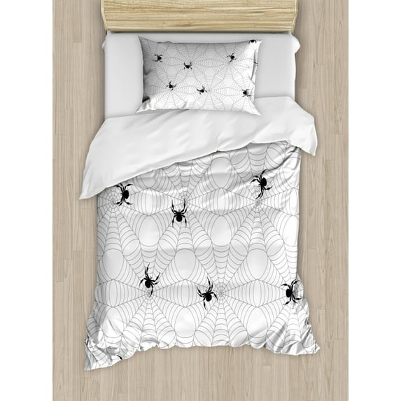 Spider Web Duvet Cover Set Twin Size, Pale Colored Webs with Spiders Scary Black Insects Sticky Network, Decorative 2 Piece Bedding Set with 1 Pillow Sham, Black Pale Grey White, by Ambesonne