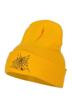 Spider Web Embroidered Long Beanie - Yellow OSFM
