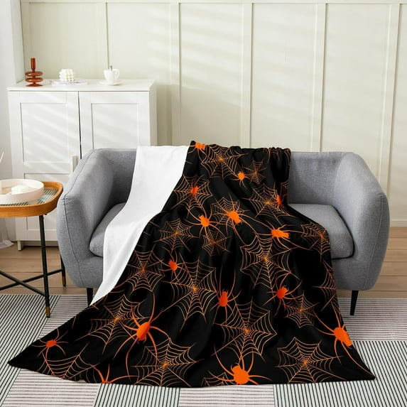 Spider Web Flannel Fleece Blanket Halloween Theme Plush Throw Blanket, for Sofa Couch Kids Orange Spider All Season,Blanket Luxury Spider Animal Bedroom Throw 50"x60"