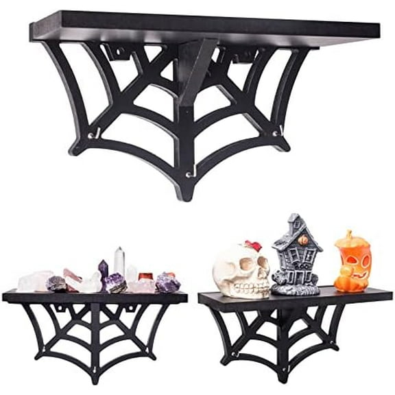 Spider Web Floating Shelf - Gothic Halloween Hanging Shelf with Hooks for Wall Oddities and Curiosities - Black Spooky Goth Wall Decor for Kitchen and Home - Crystal Display Shelf for Stones