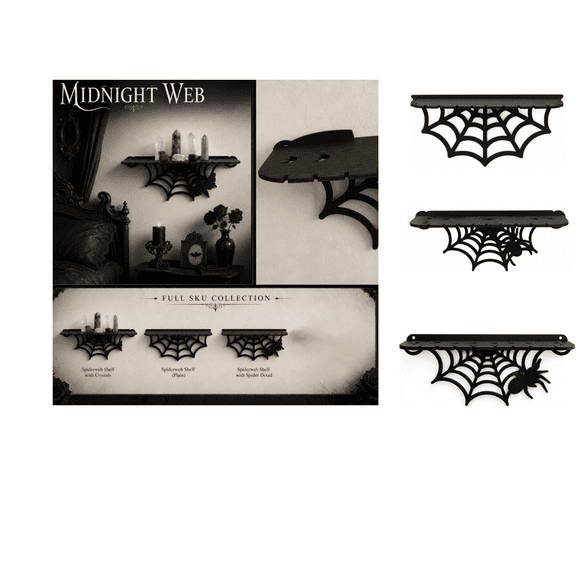Spider Web Floating Shelf, Wooden Goth Spider Web Wall Shelf, Halloween Display Shelf for Oddities Stones and Themed Room Layout A