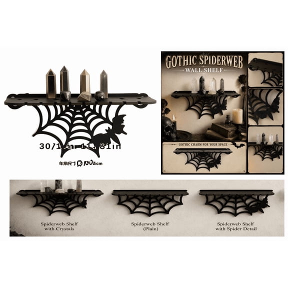 Spider Web Floating Shelf, Wooden Spooky Halloween Wall Display Shelf, Gothic Spider Web Shelf for Curiosities and Home Kitchen Decor (C)