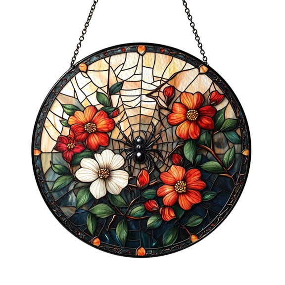 Spider Web Floral Meadow Stained Glass Suncatcher, Halloween Window Decor Gift