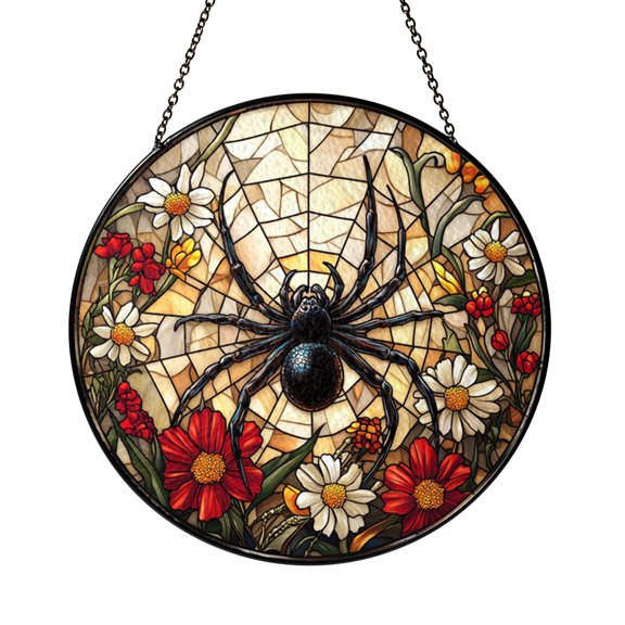 Spider Web Floral Meadow Stained Glass Suncatcher Window Hanging, Nature Inspired Decor, Seasonal Home Accent
