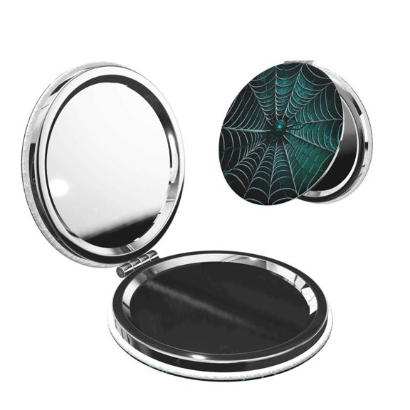 Spider Web Gothic Art Portable Double-Sided Face Mirror Round Shape, Magnifying Compact Pocket Mirror with PU Leather Cover