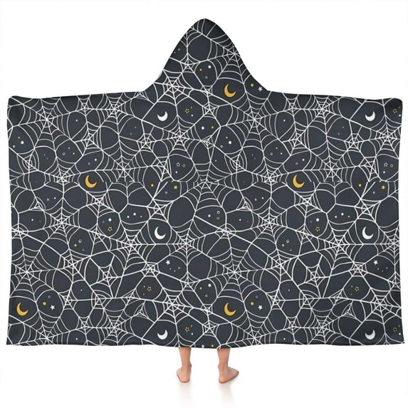 Spider Web Halloween Pattern Hooded Bath Towel,60"x35" for Ages 3 To 12 Kids, Quick Dry Lightweight Soft Microfiber Hood Beach Towel Cover Up for Kids