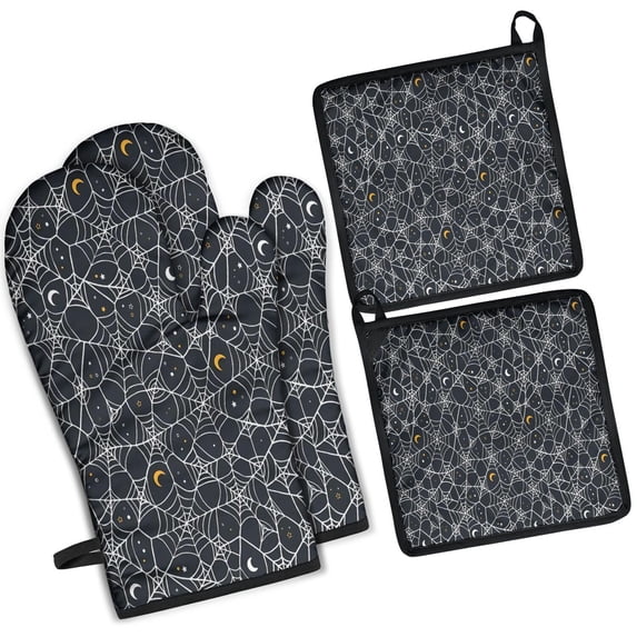 Spider Web Halloween Pattern Kitchen Oven Mitt and Pot Holder Sets 4 Pcs for Baking, Cooking and Grilling, Heat Resistant Up To 392 °F