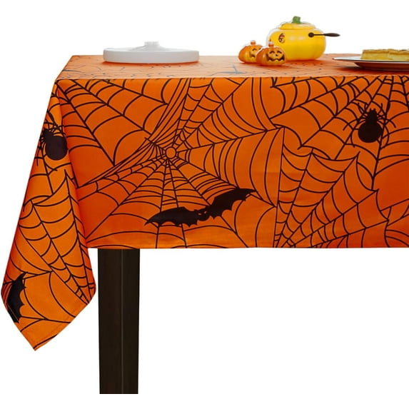 Spider Web Halloween Tablecloth - Fabric Holiday Rectangle Table Cloth, Waterproof and Washable Table Cover for Halloween Party Dining Room, 60 x 102 Inch Orange