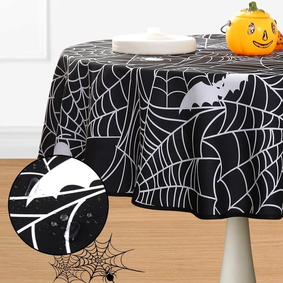 Spider Web Halloween Tablecloth - Fabric Holiday Round Table Cloth, Waterproof and Washable Table Cover for Halloween Party Dining Room, 60 Inch Black