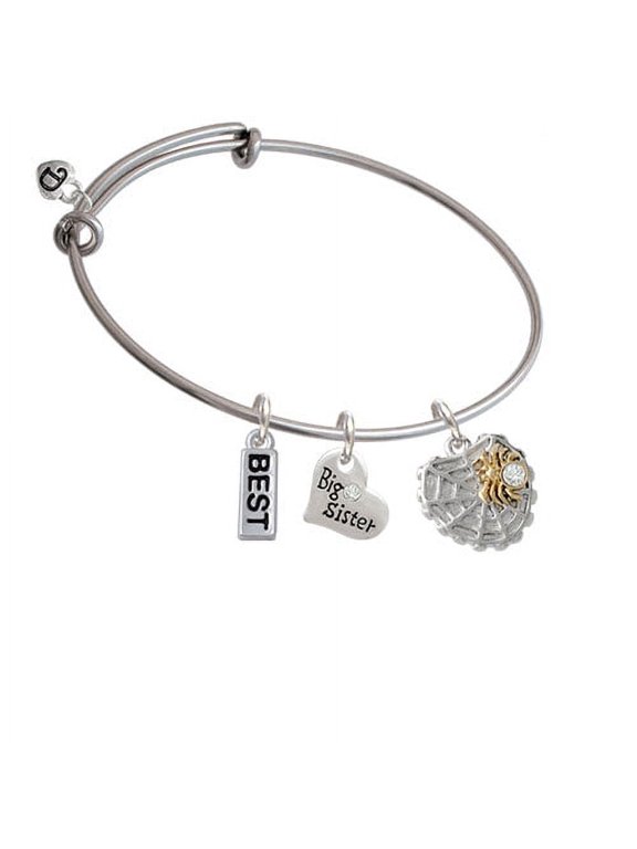 Spider Web Heart with Gold Tone Crystal Spider Charm on Best Big Sister Heart Expandable Bangle Bracelet