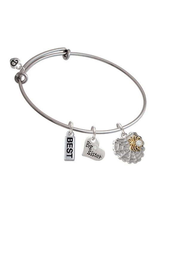 Spider Web Heart with Gold Tone Crystal Spider Charm on Best Big Sister Heart Expandable Bangle Bracelet
