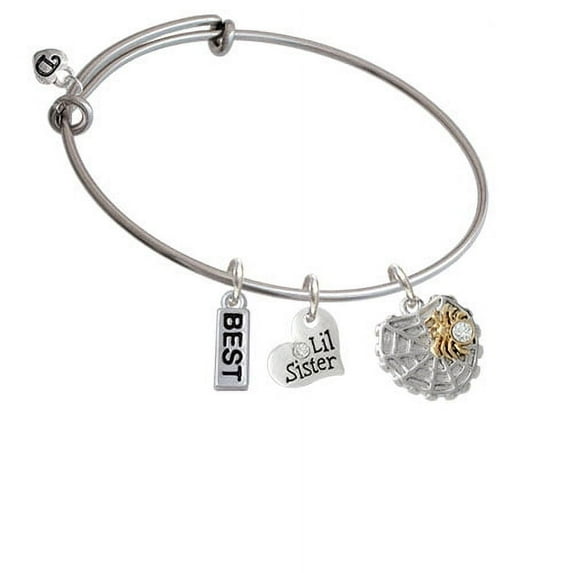 Spider Web Heart with Gold Tone Crystal Spider Lil Sister Heart Expandable Bangle Bracelet