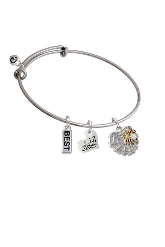 Spider Web Heart with Gold Tone Crystal Spider Charm on Best Lil Sister Heart Expandable Bangle Bracelet