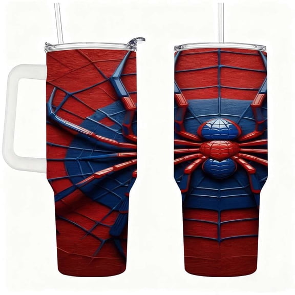 Spider Web Hero Style Tumbler with Handle, Stainless Steel Insulated Cup with Straw