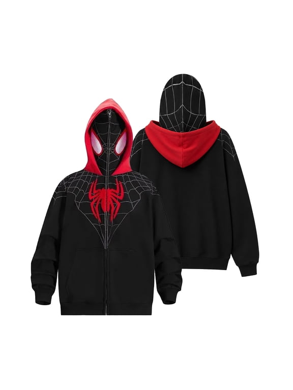 Spider Web Hero Zip Up Hoodie, Full Zip Hooded Sweatshirt with Spider Emblem, Web Pattern Face Hood and Contrast Lining, Long Sleeve Hero Cosplay Jacket for Halloween Parties and Casual Wear