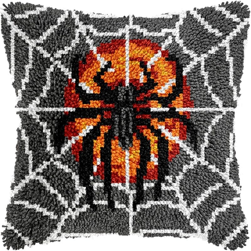 Spider Web Latch Hook Pillows Kits Cushion Pillow Cover with Pattern Printed Canvas Sofa Hooking Pillowcase Crafts Embroidery Latch Hooking Crochet Kits Set 17x17 inch(1)