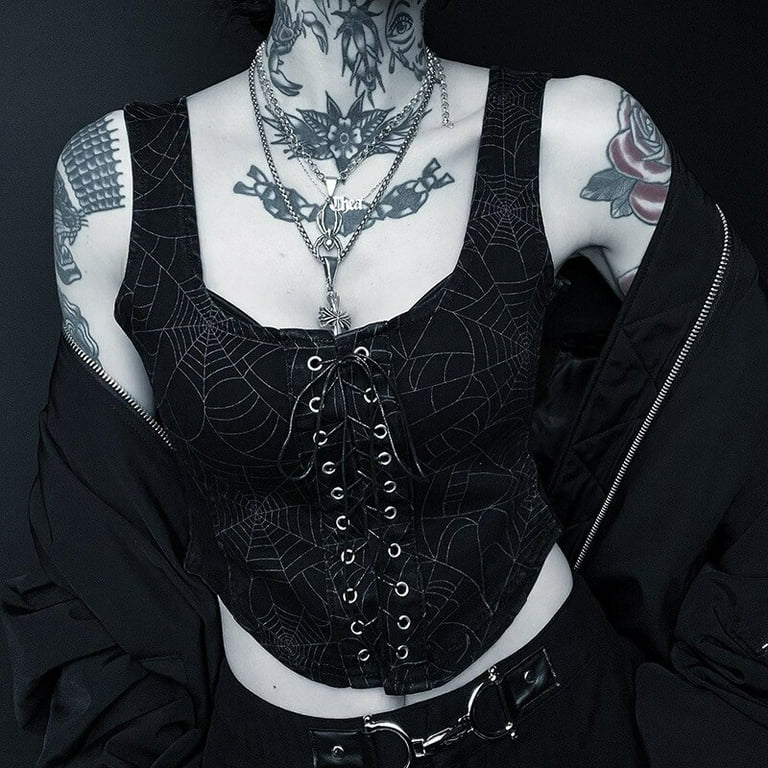 Spider Web Mall Gothic Bandage Vests Grunge Style Punk Sexy Emo Corset Tops  Black Streetwear Bodycon Alt Crop Tank Top
