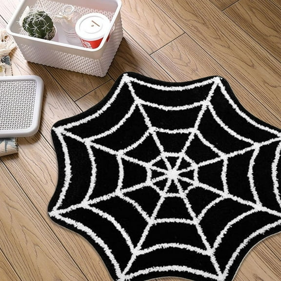 Spider Web Non-Slip Bath Mat, 24" Halloween Goth Rug for Home (Black)