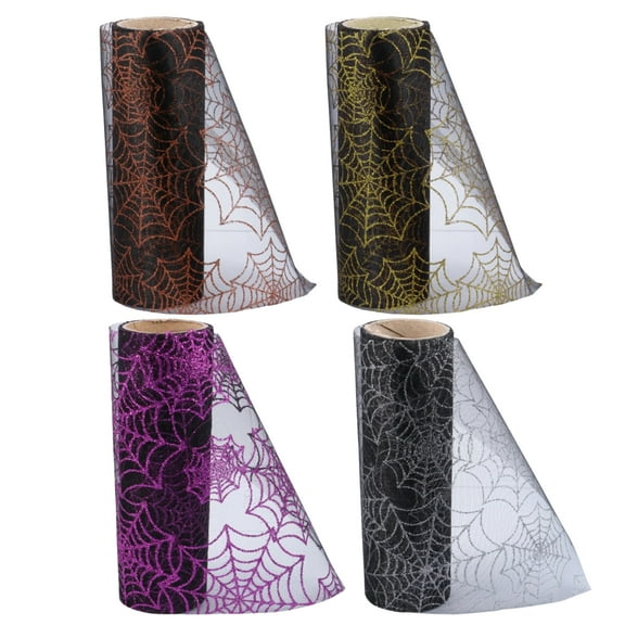 Spider Web Pattern Gold Orange Purple Silver Sparkle Decorative Mesh 3 Yard for DIY Project Crafts Ribbons Wreaths Home Party Favors Gift Holiday Indoor Halloween Decorations Supplies, Pack of 4 Rolls