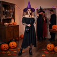 thumbnail image 1 of Spider Web Pattern Witch Hat Lace Trim Design Halloween Role Play Costume Prop Purple One Size, 1 of 5