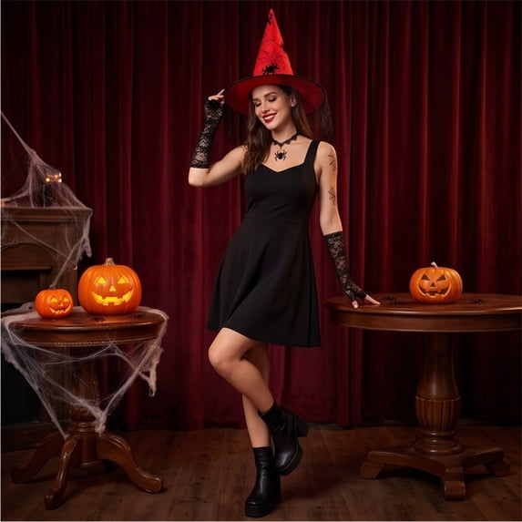 Spider Web Pattern Witch Hat Lace Trim Design Halloween Role Play Costume Prop Red One Size